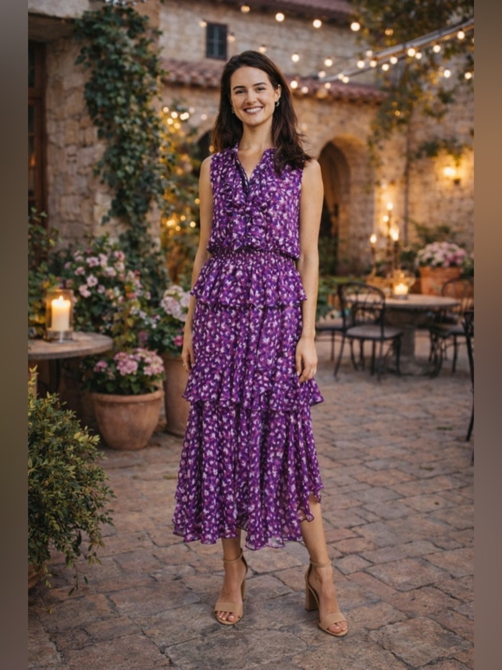 MISA Los Angeles Ilona Purple Floral Ruffle Midi Dress XS